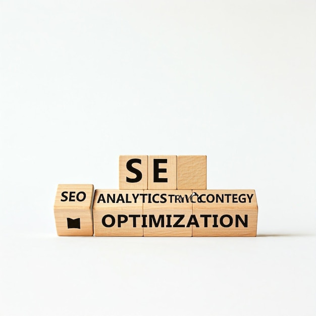 Conceptual de análisis de SEO y negocios con bloques de madera con palabras en él