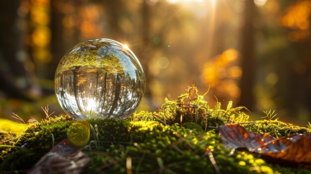 Conceptualización de un entorno con un globo de cristal apoyado en el musgo en un bosque