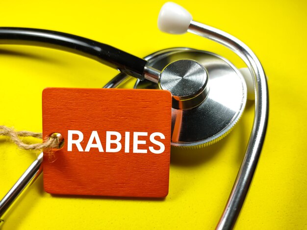 ConceptWord médico RABIES com estetoscópio em fundo amarelo