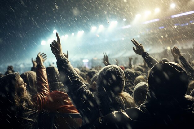 Concertistas ao ar livre suportando uma tempestade de granizo