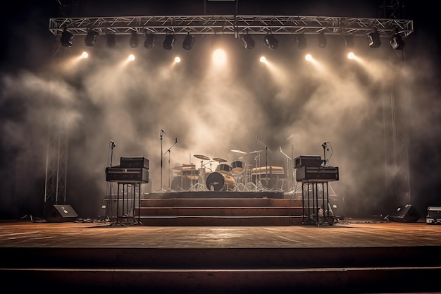 Concerto de música ao vivo no palco com holofotes e fumaça com IA gerada