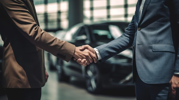 Concesionario de automóviles estrechando la mano del cliente en la tienda de automóviles