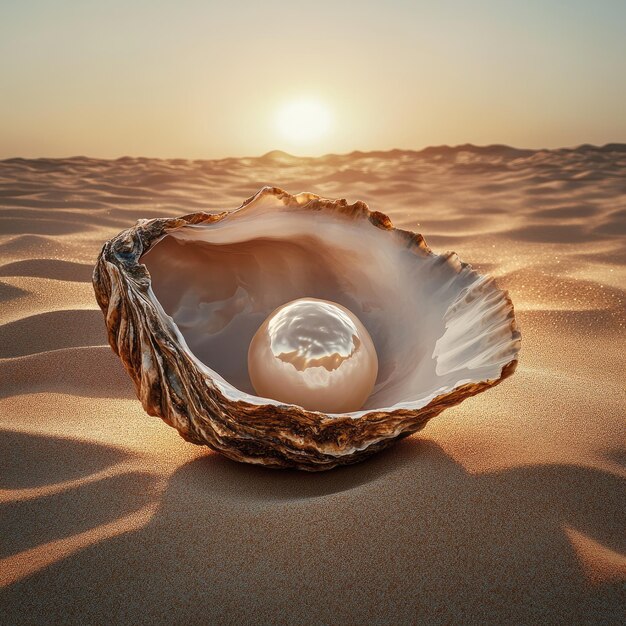 una concha con una concha en la arena con el sol poniéndose detrás de ella