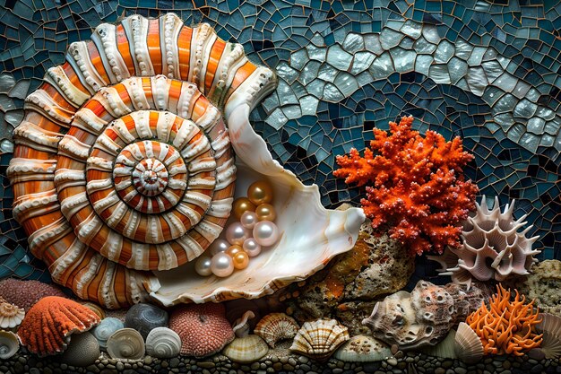 Una concha con corales de perlas en el fondo del mar