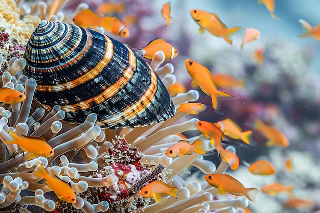 Foto concha de cowrie tigre listrada em repouso em uma colônia de corais