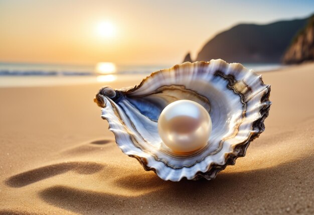 Concha de ostra com pérola no interior em uma praia de areia ia generativa