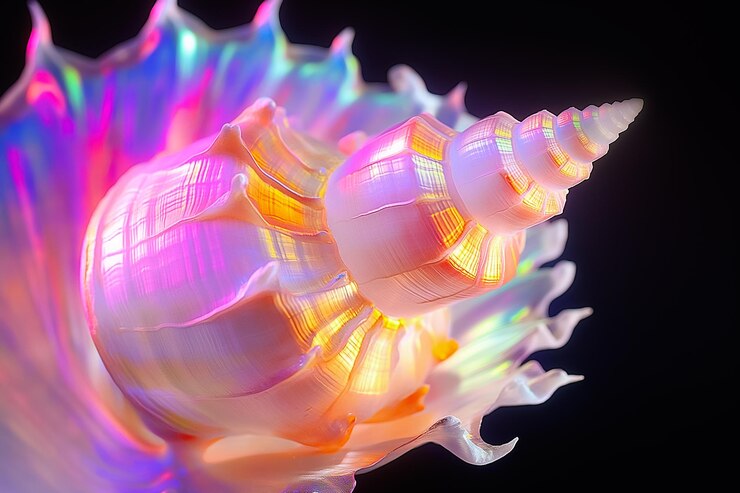 Foto la concha en espiral que muestra brillantes tonos iridescentes se encuentra contra un fondo oscuro que irradia belleza costera y calidez perfecta para mejorar los espacios digitales