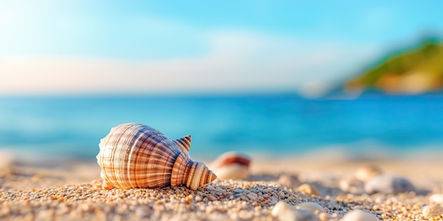 Concha y estrella en la playa de arena contra el hermoso mar azul