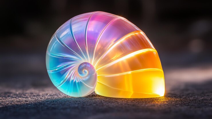 Foto la concha iridescente hermosamente elaborada con colores vibrantes de azul, rosa y amarillo que descansa sobre la superficie texturizada de las conchas, su forma en espiral y su calidad luminosa evocan una sensación de tranquilidad y asombro.