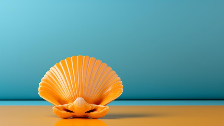 Foto concha japonesa minimalista en naranja sobre fondo azul