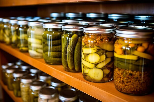 Foto una concha llena de frascos de pepinillos caseros preservar la ia generada