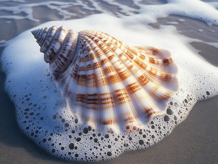 Foto concha de mar en espiral medio cubierta de espuma oceánica con arena lisa y olas suaves