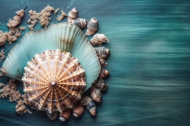 Una concha de mar con un fondo azul.