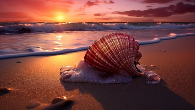 Concha de mar en la playa al amanecer