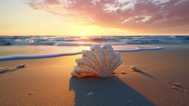 Una concha de mar en una playa de arena al atardecer