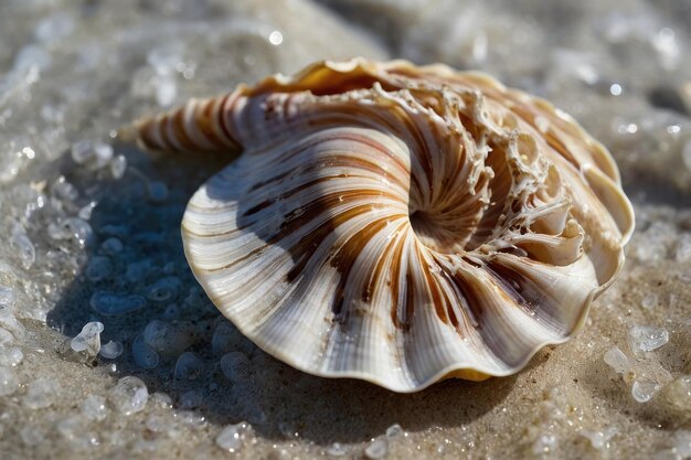 Concha de mar en la playa con perlas