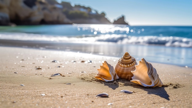 Concha de mar en una playa soleada con agua cristalina