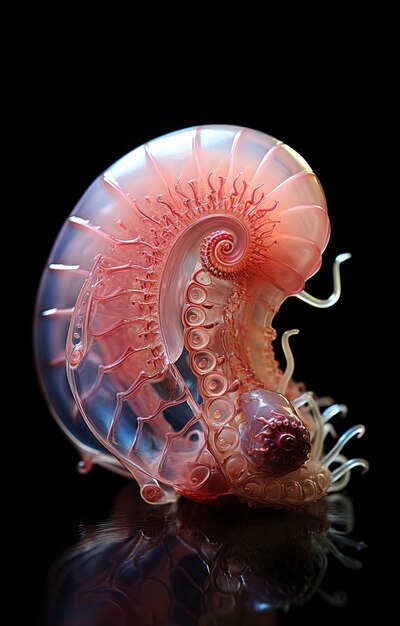 Foto una concha de mar rosa y azul con un diseño en espiral en la parte superior