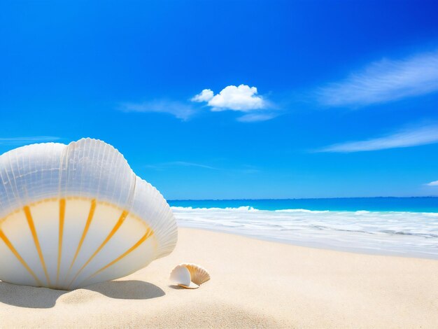 Una concha marina en una playa con un cielo azul de fondo generado por ai