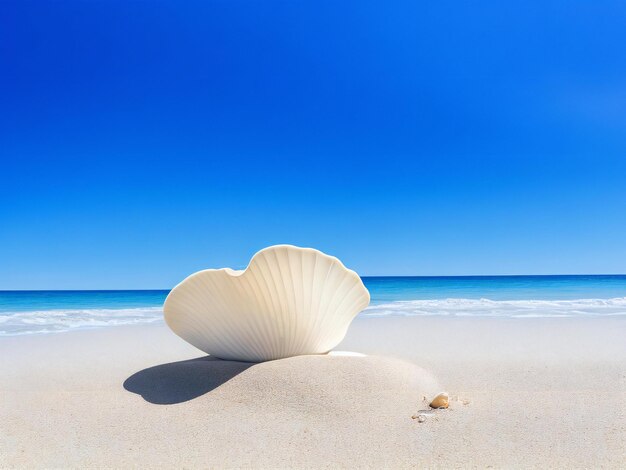 Una concha marina en una playa con un cielo azul de fondo generado por ai