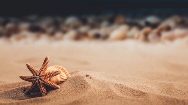 Una concha marina en una playa con un fondo borroso