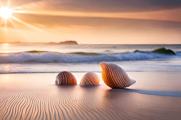 Una concha marina en una playa con la puesta de sol detrás de ella