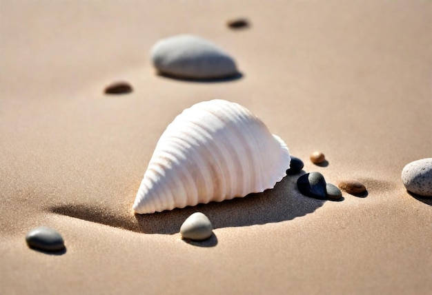 una concha con muchas conchas en la arena y piedras en la arena