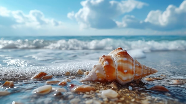 Concha na praia e paisagem de mar com céu