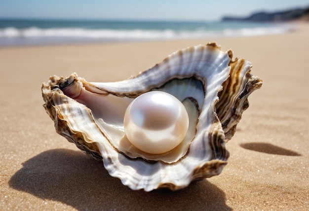 Foto concha de ostra con perla en el interior en una playa de arena ia generativa