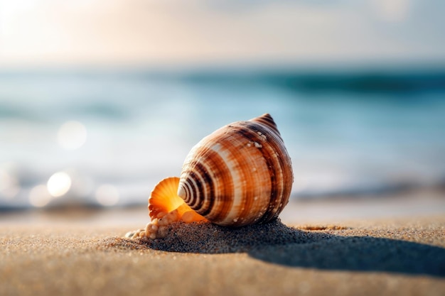 Una concha en la playa con el mar de fondo