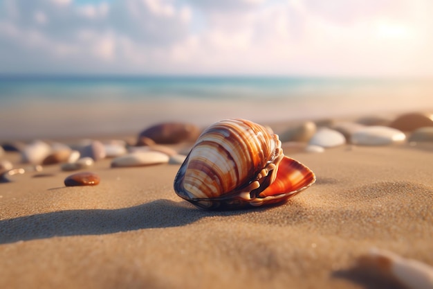 Una concha en la playa con el mar de fondo