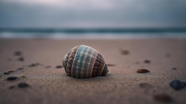 Una concha en la playa con el mar de fondo