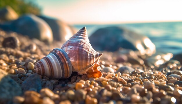 Una concha en una playa con la puesta de sol detrás de ella