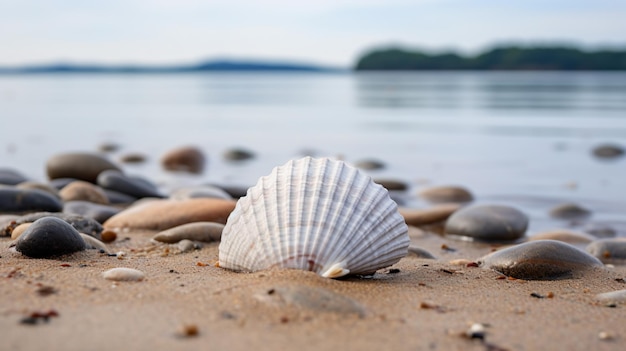 una concha en una playa con rocas y agua en el fondo