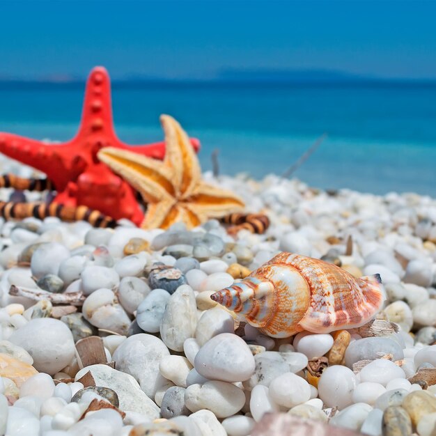 Concha sobre guijarros blancos con estrellas de mar y collar en el fondo