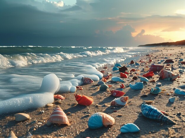 Las conchas en la arena del mar de Azov en verano