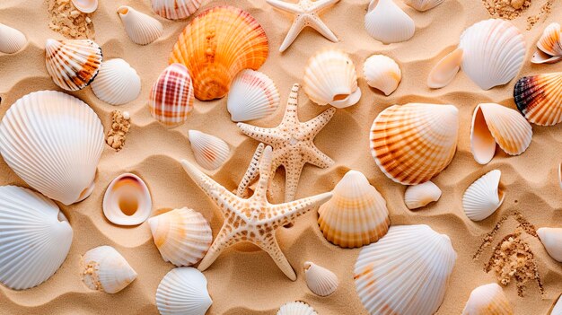 Foto conchas en la arena en la orilla del mar enfoque selectivo