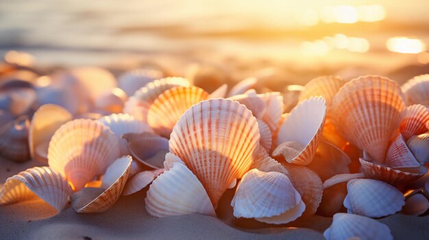 Conchas beijadas pelo sol Bela praia de areia com conchas na hora dourada