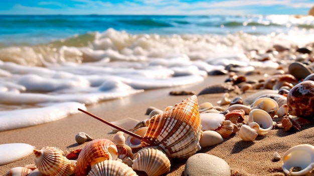 Conchas y caracoles en una playa de arena con el océano de fondo IA generativa