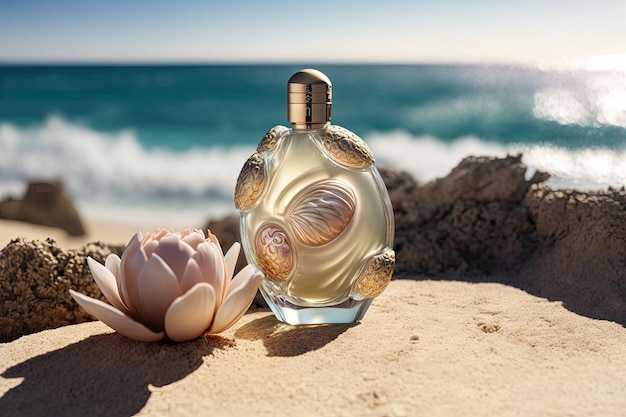 Conchas cercanas en una piedra y una botella de spray transparente de perfume femenino con el sol y el mar