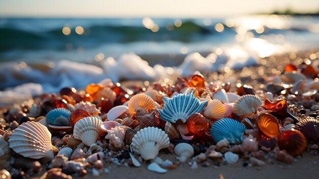 Conchas coloridas na praia ao pôr-do-sol Foco seletivo