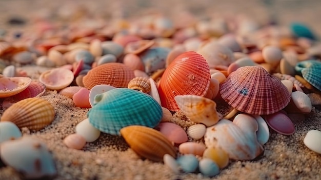 Conchas coloridas no fundo perfeito de Sandy Beach para férias de verão