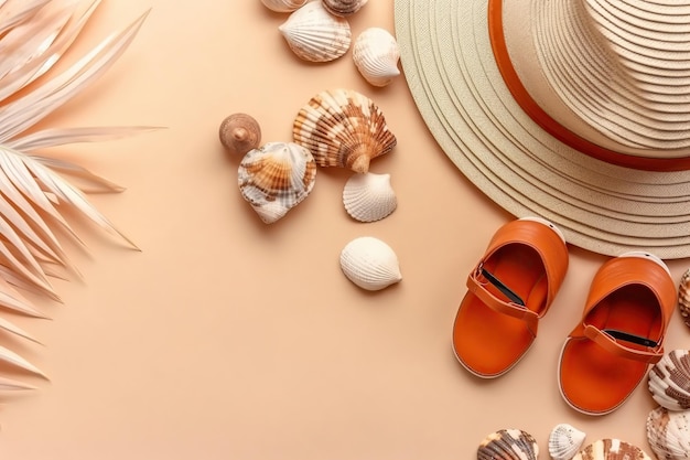 Conchas com palmeira de chapéu e sapatos Conceito de horário de verão IA generativa