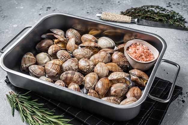 Conchas crudas Almejas vongole en una bandeja de acero. Fondo gris. Vista superior.