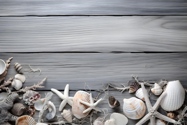 Conchas do mar em um fundo de madeira