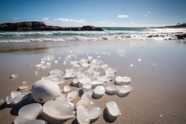 Conchas do mar na praia com o mar ao fundo