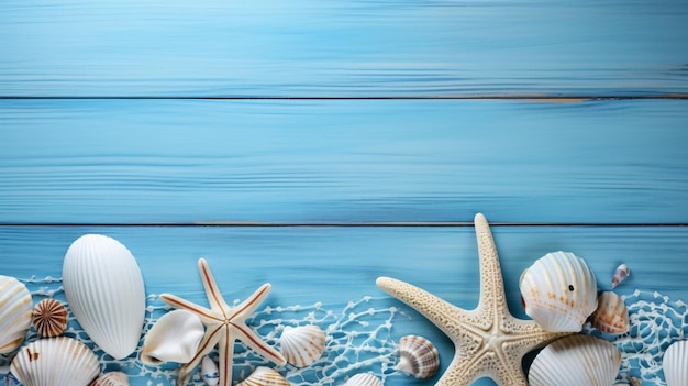 Conchas e estrelas-do-mar em fundo azul de madeira