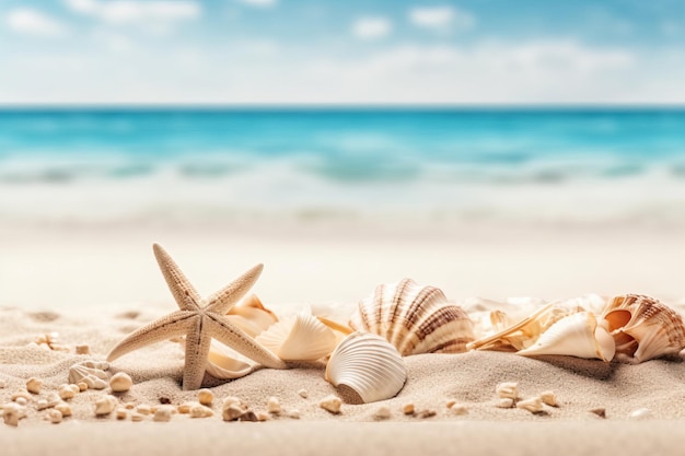 Conchas e estrelas do mar na areia em uma praia tropical com céu claro