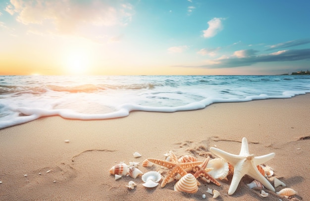Conchas e estrelas do mar na bela praia tropical e mar com fundo de céu azul Conceito de férias de verão
