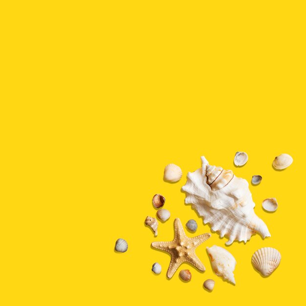 Conchas e estrelas do mar na maquete de planejamento de viagens de férias de fundo amarelo